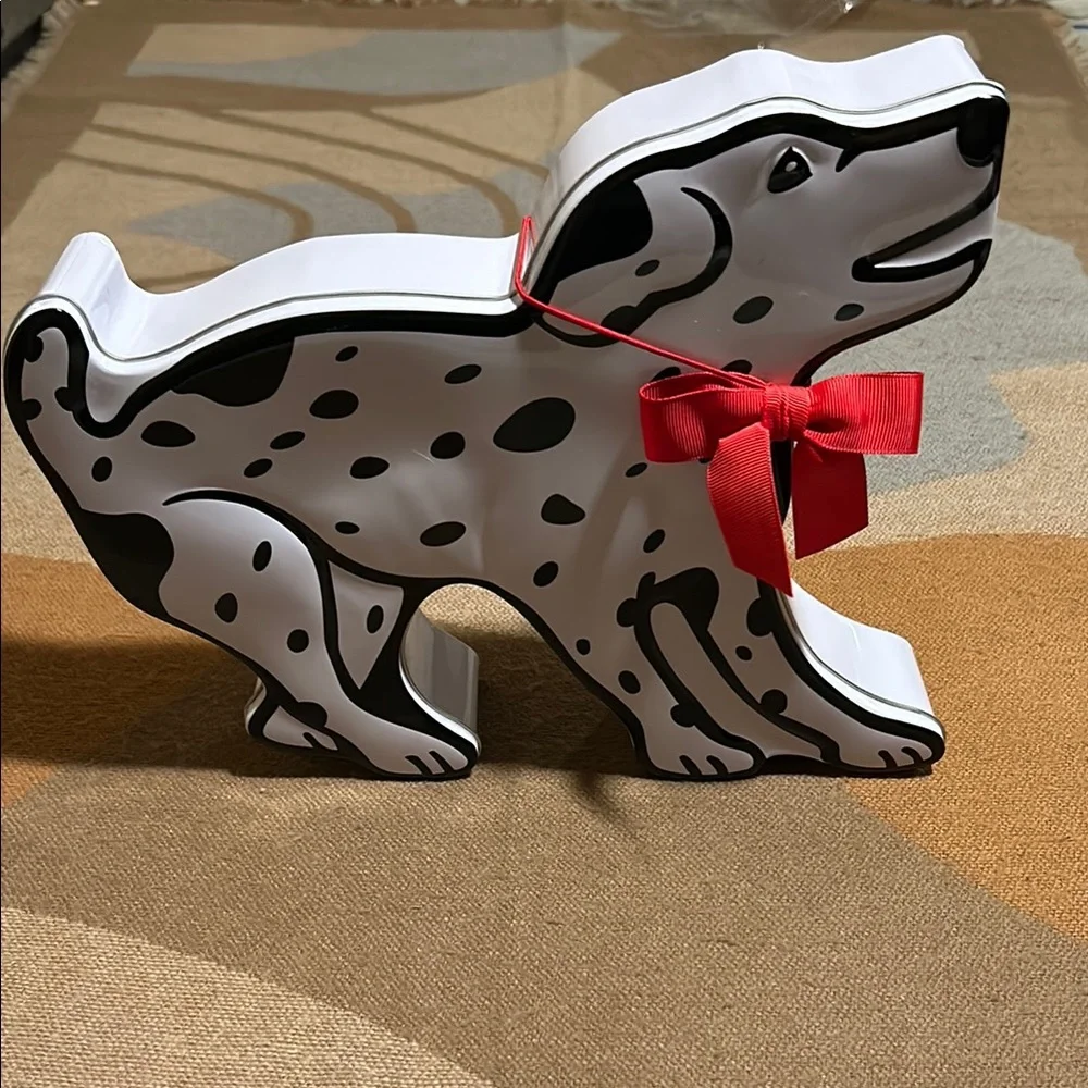 Clean Collectable Dalmatian Dog Shaped Tin with Red Bow
